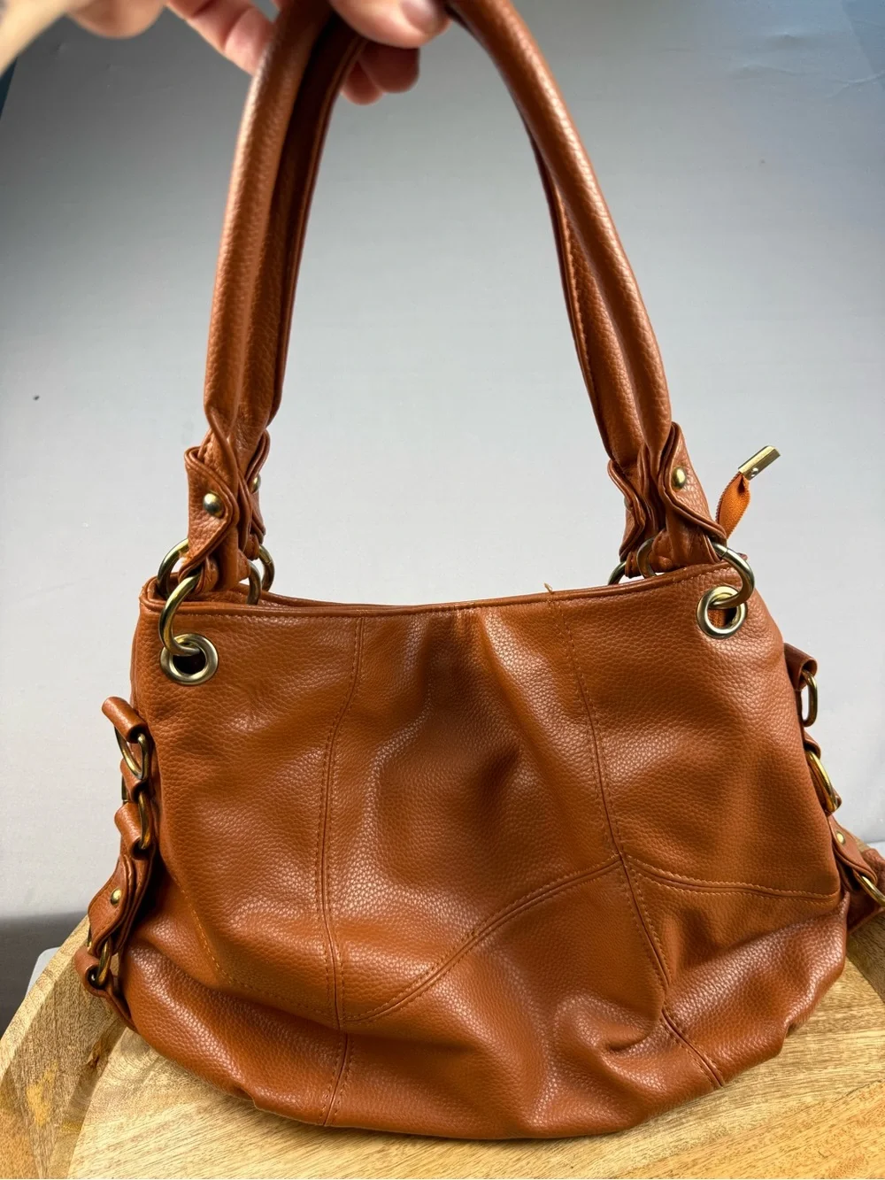 Lollie Closet Cognac Faux Leather Slouch Hobo Tote Tassel Shoulder Bag